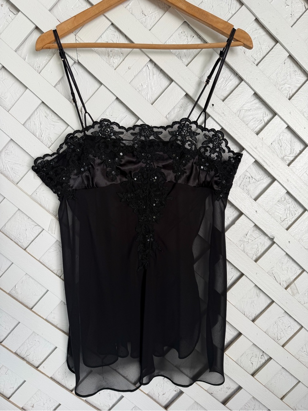 Vintage Y2K Black Lace Sequins Chiffon Babydoll Negligee Dark Romantic L